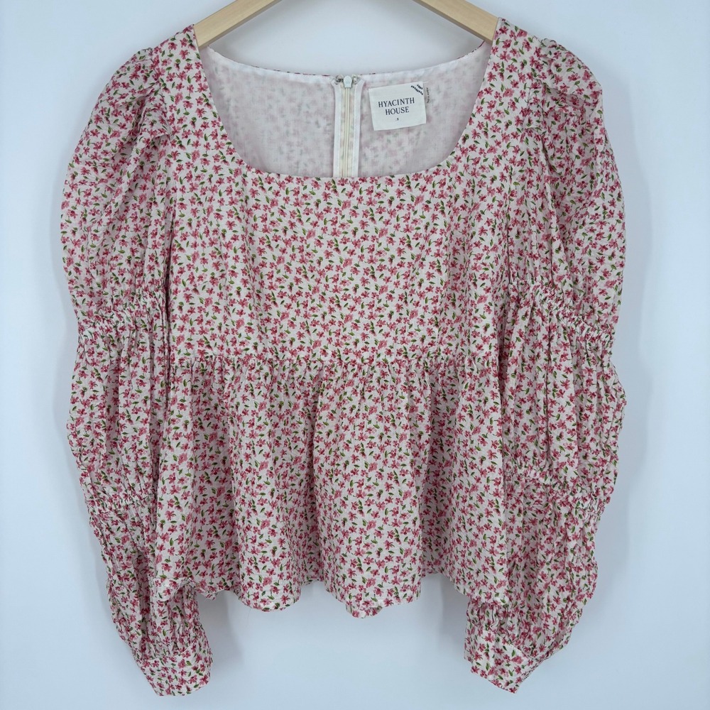 Hyacinth House Clemons Blouse Floral Peplum Top Sz S Pink Puff Sleeve Tuckernuck
